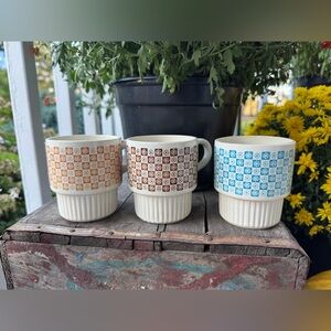 Vintage MCM Patterned Ceramic Mugs Set of 3